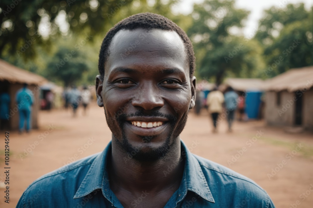Close portrait of a smiling 40s South Sudanese man looking at the camera, South Sudanese outdoors blurred background Close portrait of a smiling 40s South Sudanese man looking at the camera, South Sudanese outdoors blurred background