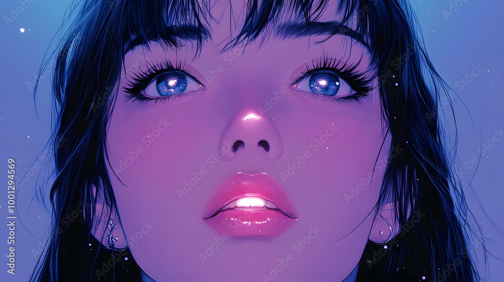 Digital Art: A Woman's Gaze Upwards in a Blue and Purple Dreamlike Setting Digital Art: A Woman's Gaze Upwards in a Blue and Purple Dreamlike Setting