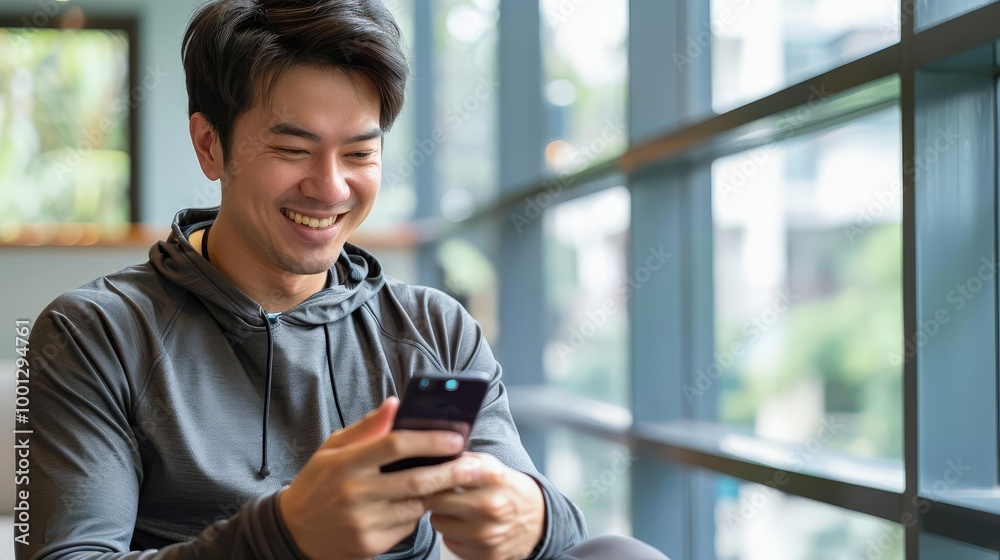 Fototapeta premium Smiling young man using smartphone, sitting by window.