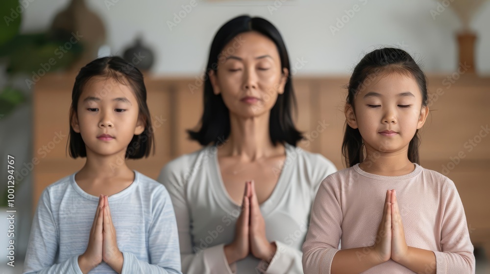 A mother and her two daughters meditating together. A mother and her two daughters meditating together.