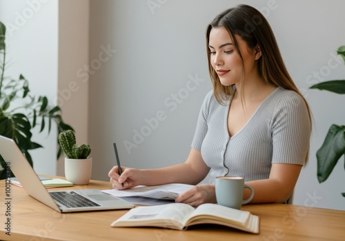 Woman Studying with a Laptop and Books