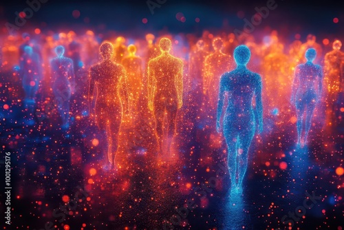 vibrant abstract illustration of a social network featuring holographic representations of individuals connected digitally showcasing community and communication in a modern context