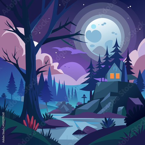 Full Moon Dark Forest landscape vector art royalty free images generated Ai