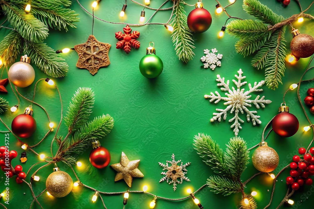 Vibrant green background adorned with festive holiday elements, including snowflakes, ornaments, and garlands, creates Vibrant green background adorned with festive holiday elements, including snowflakes, ornaments, and garlands, creates