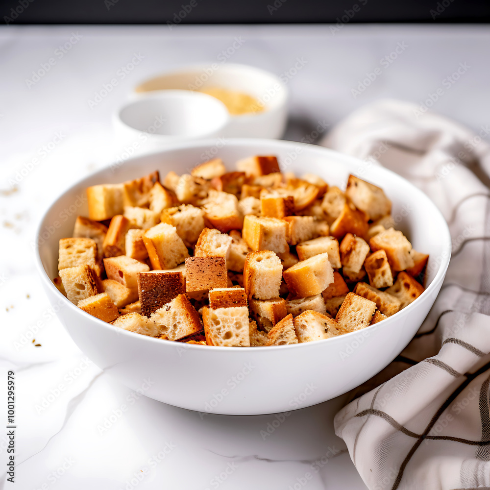 A bowl filled with golden brown cubed bread pieces A bowl filled with golden brown cubed bread pieces