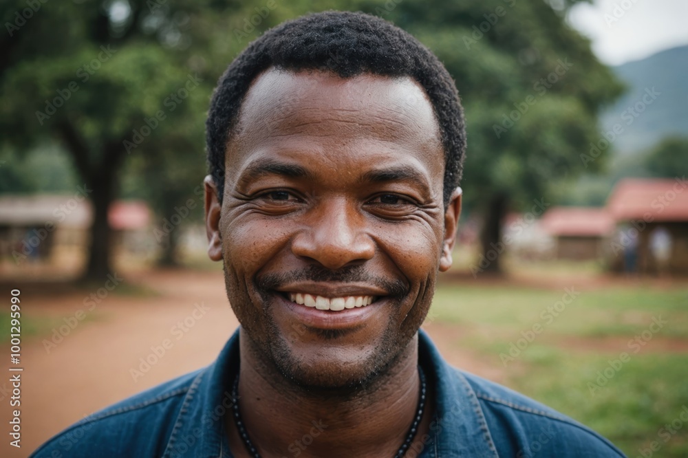 Close portrait of a smiling 40s Swazi man looking at the camera, Swazi outdoors blurred background Close portrait of a smiling 40s Swazi man looking at the camera, Swazi outdoors blurred background