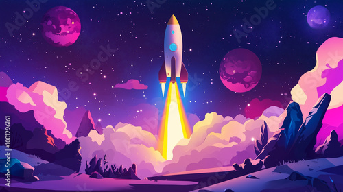 Cartoon rocket go fly up launch. Space galaxy adventure travel landscape view. cartoons. Illustrations
