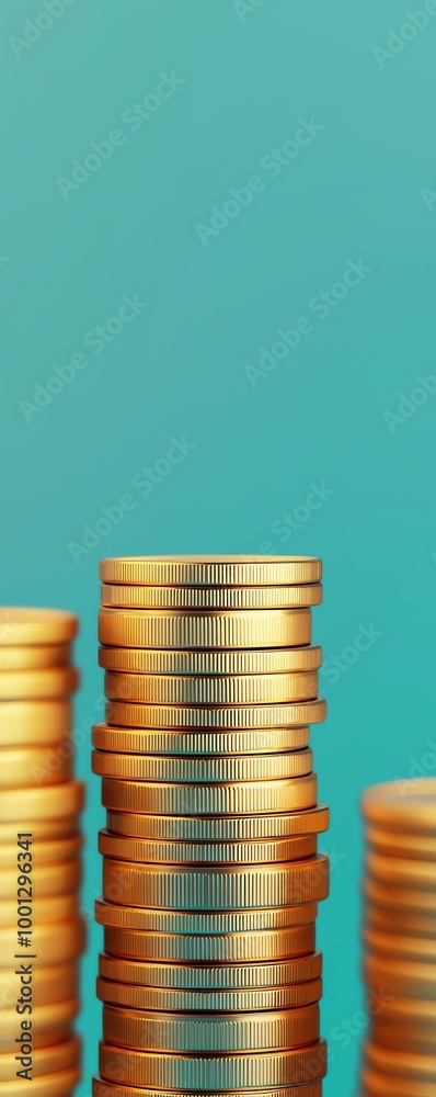 Stacks of golden coins on a turquoise background, symbolizing wealth and finance. Stacks of golden coins on a turquoise background, symbolizing wealth and finance.