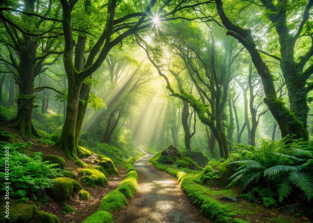 Naklejka premium Vibrant green foliage and misty atmosphere surround a winding dirt path, inviting exploration in a serene and