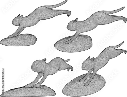 Vector sketch illustration silhouette design image of modern statue of cat jumping on rock 