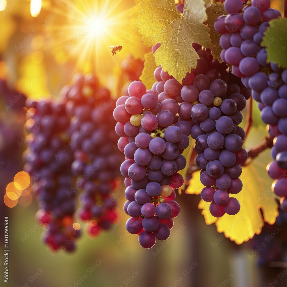 Sunset shines on ripe purple grapes hanging in a vineyard during harvest season Sunset shines on ripe purple grapes hanging in a vineyard during harvest season