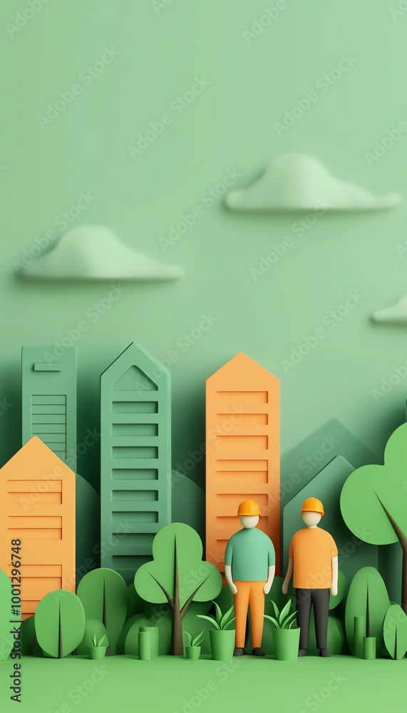 Fototapeta premium Two figures observing modern buildings and greenery in a stylized environment.
