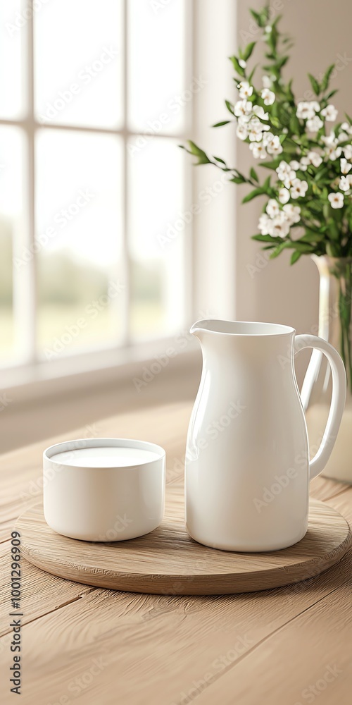 White jug and bowl on wooden tray beside flowers and window. White jug and bowl on wooden tray beside flowers and window.