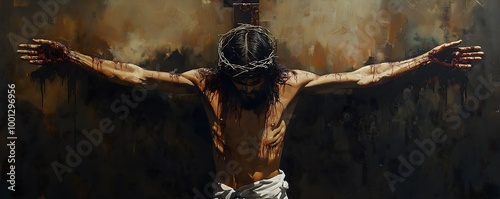 A striking aerial view of Jesus on the cross, depicted from above. The image captures the serene yet powerful moment