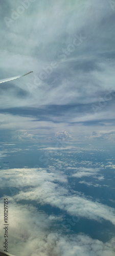 Puffy clouds with blue sky for background view from airplane