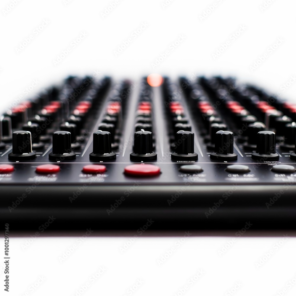 Close-up of a black audio mixing console with red buttons and knobs. The console is angled from a low perspective, highlighting the depth of the controls. Close-up of a black audio mixing console with red buttons and knobs. The console is angled from a low perspective, highlighting the depth of the controls.