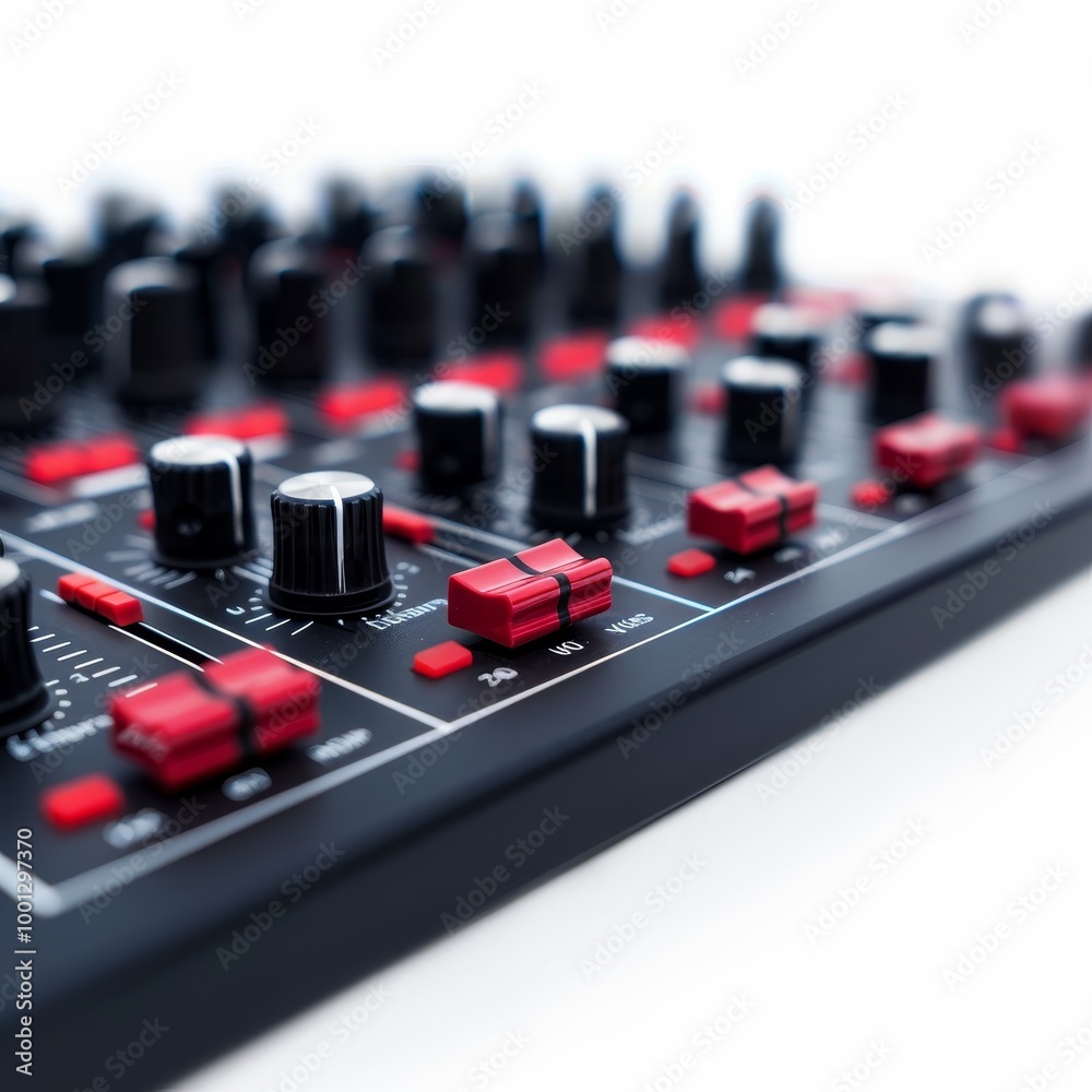 Close-up of a black sound mixer with red knobs. The mixer is isolated on a white background. Close-up of a black sound mixer with red knobs. The mixer is isolated on a white background.