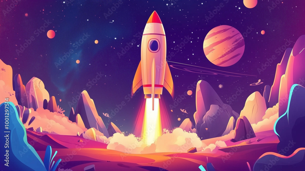 Fototapeta premium Cartoon rocket go fly up launch. Space galaxy adventure travel landscape view. cartoons. Illustrations 