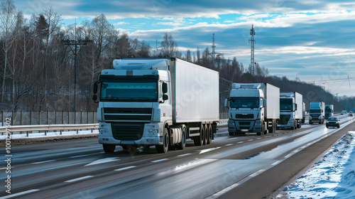 Cold chain logistics with refrigerated trucks transporting perishable goods on a highway with copy space