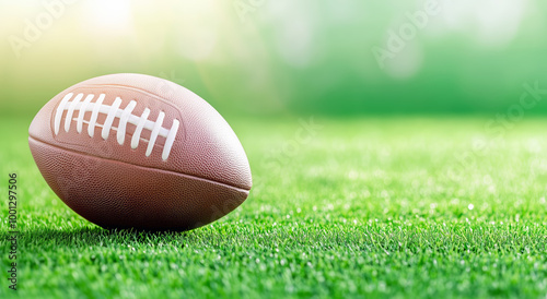 A close-up view of a football resting on vibrant green turf under soft natural light