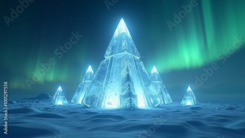 Generative AI, a large iceberg with a green aurora behind it in the snow with a sky background and a green aurora behind it, volumetric lights, concept art, crystal cubism
