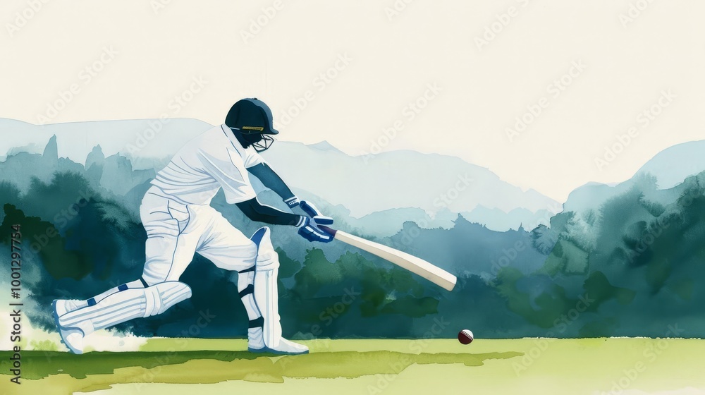 Obraz premium Cricket player in action, watercolor painting