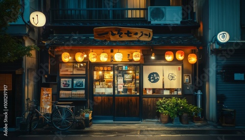 Fototapeta Naklejka Na Ścianę i Meble -  Japanese Street Food Stall at Night. Traditional Japanese Restaurant. Small Japanese Restaurant Facade. Japanese Lantern Lit Night