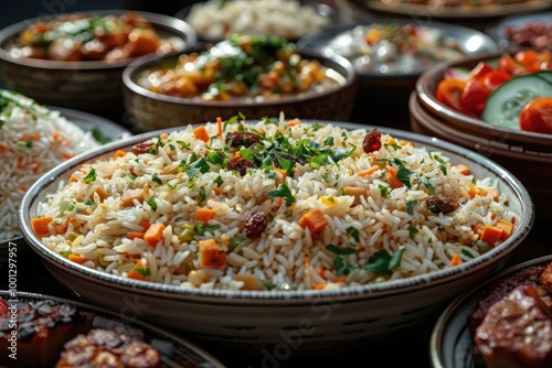 A vibrant platter of aromatic rice dishes with veggies and herbs at a festive gathering