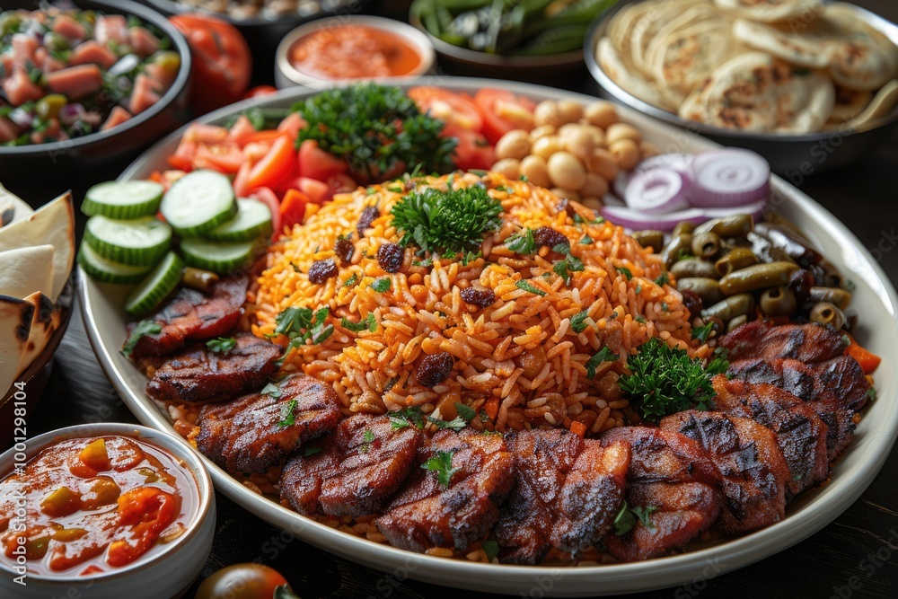 Fototapeta premium A vibrant spread of traditional rice and grilled meat with fresh vegetables on a festive table