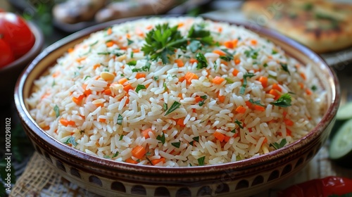 Colorful vegetable rice served in a traditional bowl with accompaniments during dinner photo