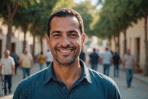 Close portrait of a smiling 40s Tunisian man looking at the camera, Tunisian outdoors blurred background