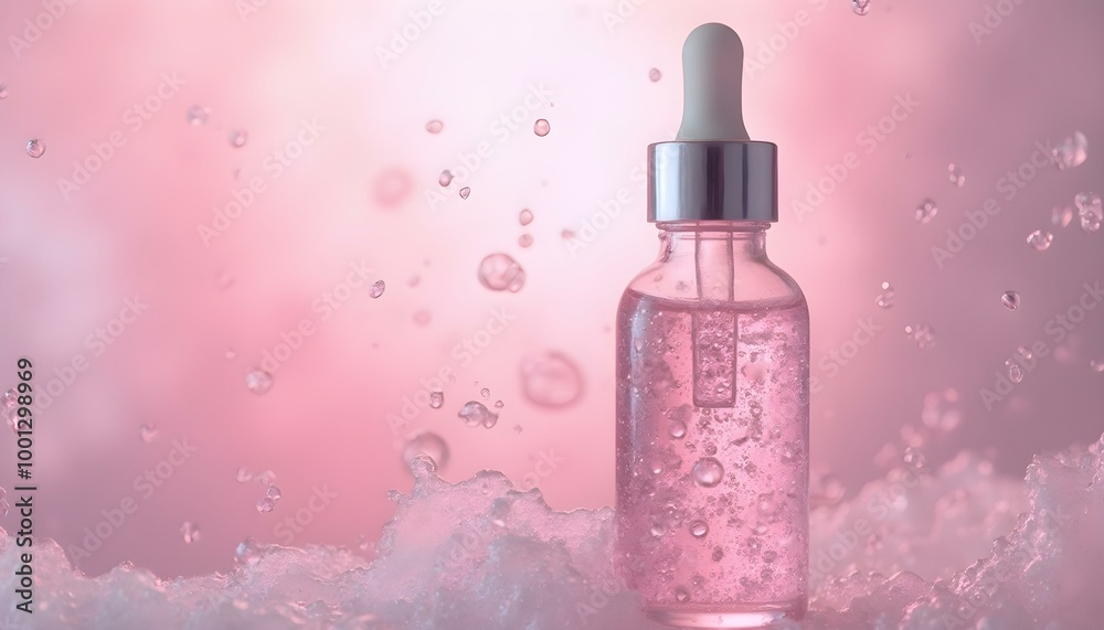 Pink liquid in a glass dropper bottle with copy space or room for advertising serum beauty oxygen bubbles