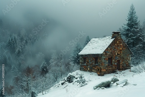 A small stone house is nestled in the snow on a hill