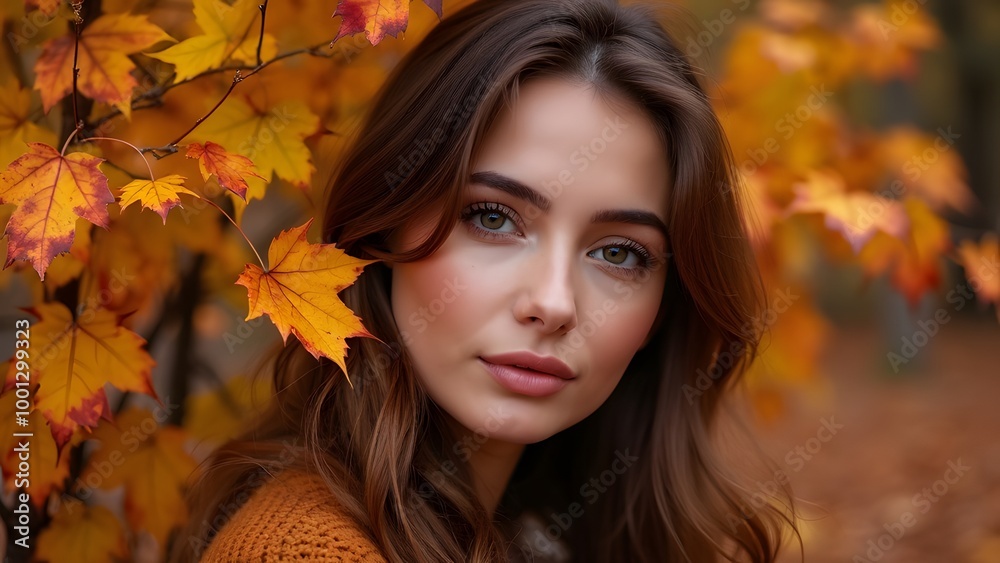 Portrait of a beautiful woman surrounded with fall leaves