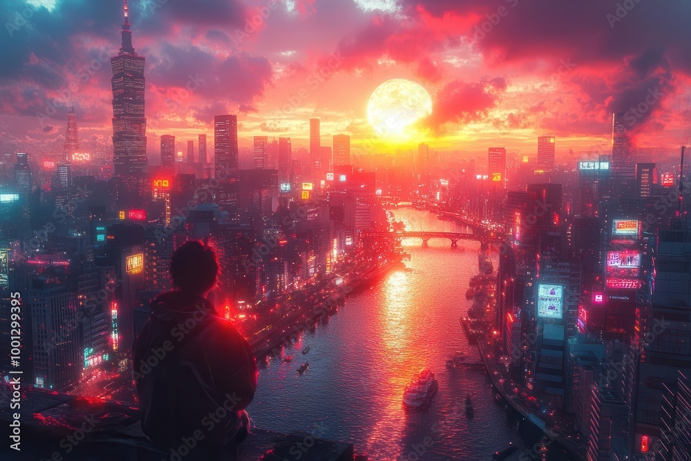 vibrant cyberpunk cityscape at sunset featuring neon lights and futuristic architecture with glitchy animation effects adding a sense of digital surrealism to the lively urban setting vibrant cyberpunk cityscape at sunset featuring neon lights and futuristic architecture with glitchy animation effects adding a sense of digital surrealism to the lively urban setting