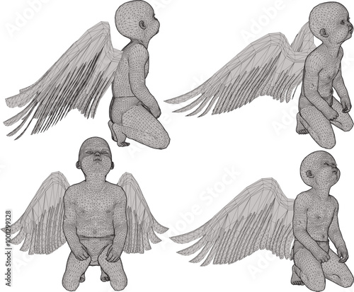 Vector sketch illustration silhouette design of classic vintage ethnic statue of little angel child with wings lamenting fate