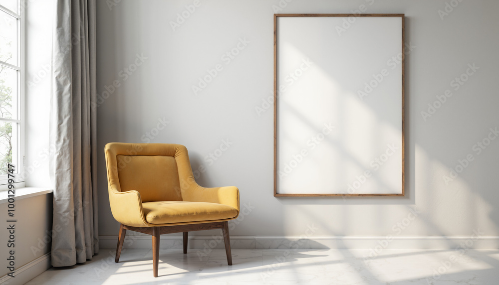 Fototapeta premium A minimalist interior design mockup featuring a single yellow armchair placed in front of a large, rectangular picture frame on a white wall. 