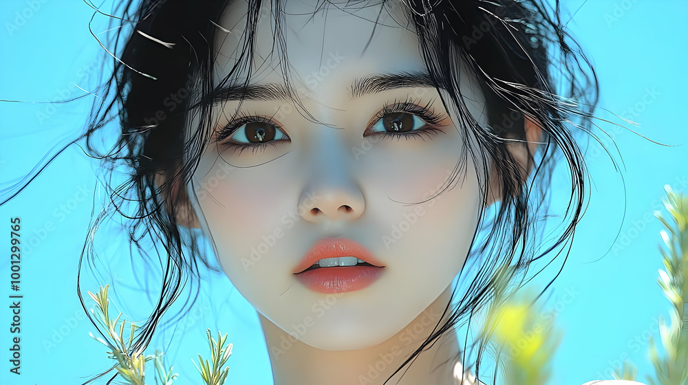 Wind Blowing Through Hair, Close-up of Woman's Face, Soft Summer Light, Beauty and Nature Wind Blowing Through Hair, Close-up of Woman's Face, Soft Summer Light, Beauty and Nature