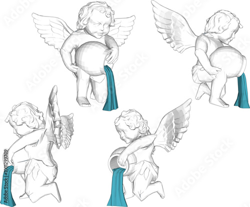 Vector sketch illustration silhouette design of classic vintage ethnic statue of little angel child with wings pouring water