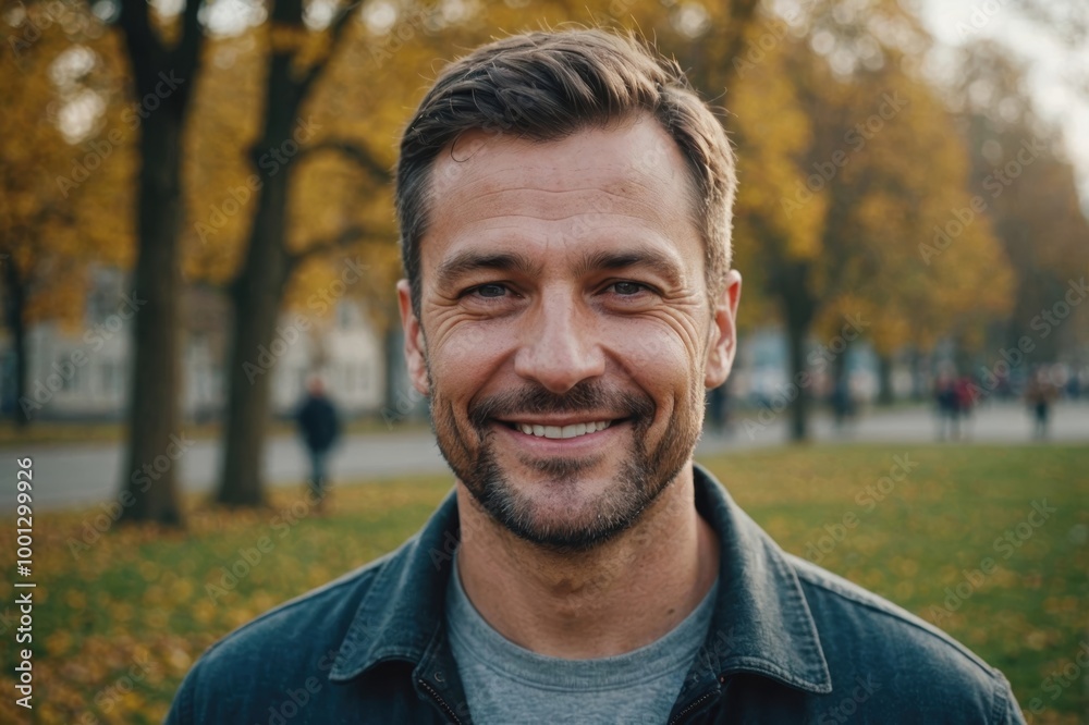 Close portrait of a smiling 40s Ukrainian man looking at the camera, Ukrainian outdoors blurred background Close portrait of a smiling 40s Ukrainian man looking at the camera, Ukrainian outdoors blurred background