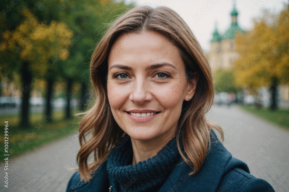 Close portrait of a smiling 40s Ukrainian woman looking at the camera, Ukrainian outdoors blurred background Close portrait of a smiling 40s Ukrainian woman looking at the camera, Ukrainian outdoors blurred background