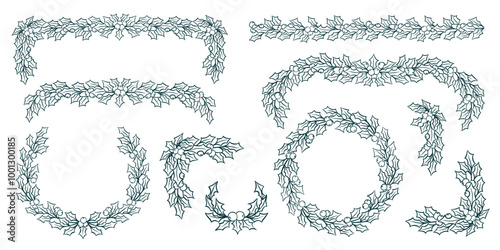 Christmas Holly Garland Set with Leaves and Berries for Greeting Card, Invitation Design. Vector Graphic Design