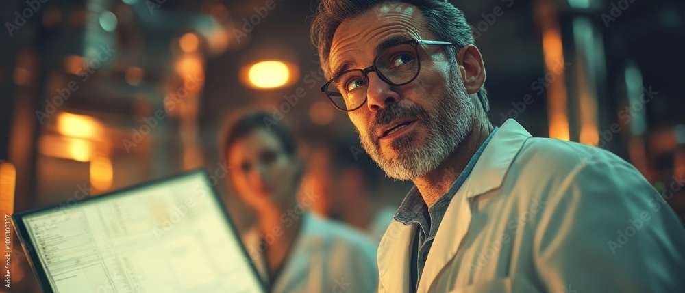 A focused scientist presents data in a lab, showcasing a moment of intense discussion and analysis, illuminated by warm lighting. A focused scientist presents data in a lab, showcasing a moment of intense discussion and analysis, illuminated by warm lighting.