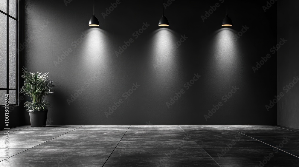 Modern minimalist interior with lighting and a potted plant. Modern minimalist interior with lighting and a potted plant.