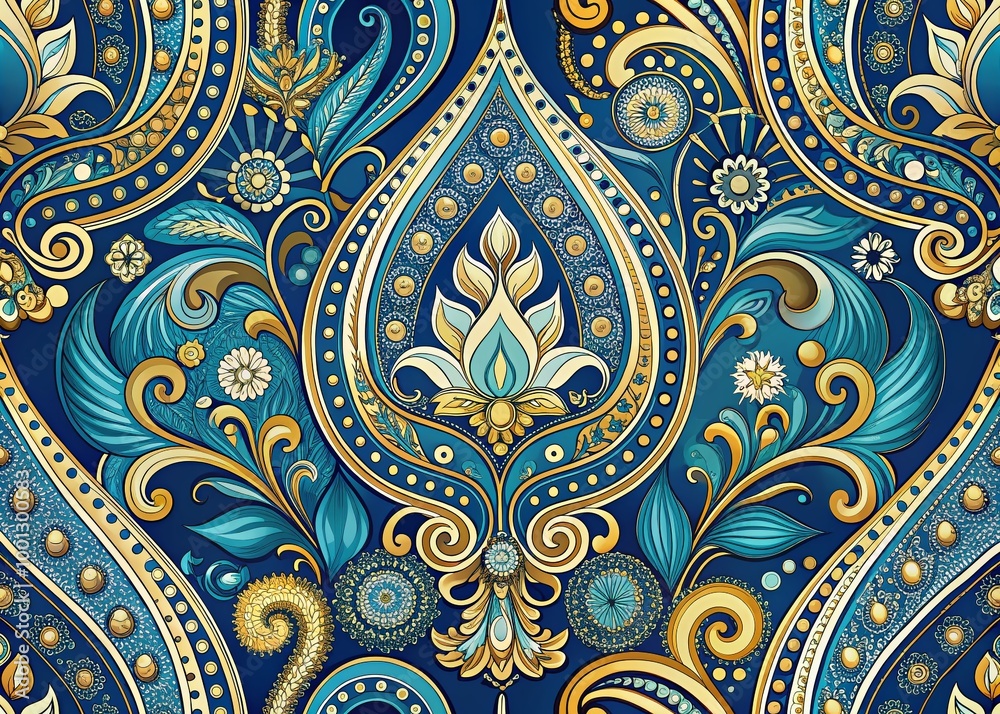 Vibrant, intricate paisley pattern in shades of blue and gold fills the frame, creating a dynamic, swirling background Vibrant, intricate paisley pattern in shades of blue and gold fills the frame, creating a dynamic, swirling background