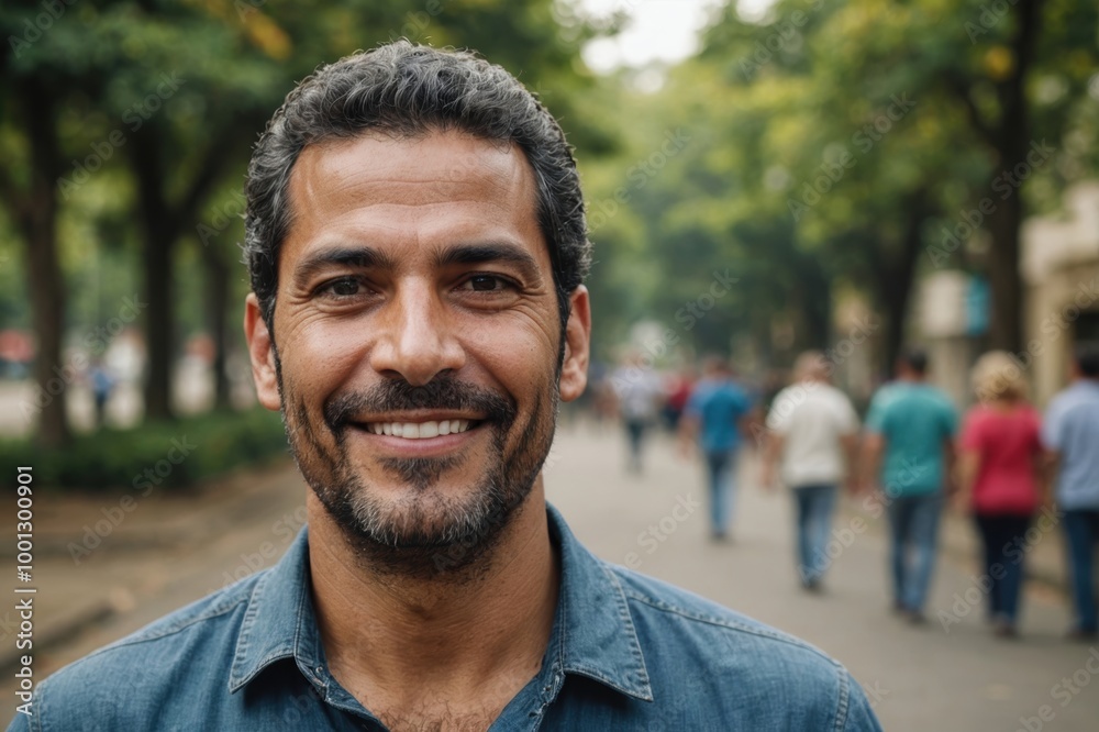 Close portrait of a smiling 40s Venezuelan man looking at the camera, Venezuelan outdoors blurred background Close portrait of a smiling 40s Venezuelan man looking at the camera, Venezuelan outdoors blurred background