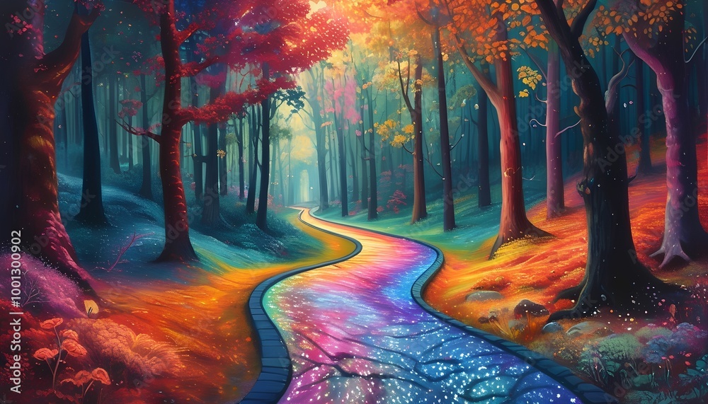 Obraz premium A vibrant, magical forest features a glowing rainbow path winding through colorful trees, creating a surreal and dreamy atmosphere.