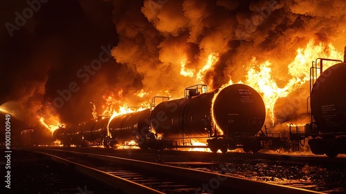 Intense fire at a freight train depot, with multiple cargo tanks on fire, lighting up the night with bright flames and heavy smoke.