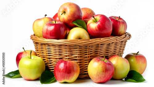 Fresh apples in a wicker basket with scattered apples and leaves photo