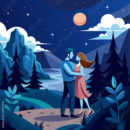 Beautiful night landscape Couple propose together with flower near cliff moonlight over the tree stock image generated Ai